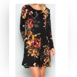 Black Floral Long Sleeve Dress with Pockets Size L